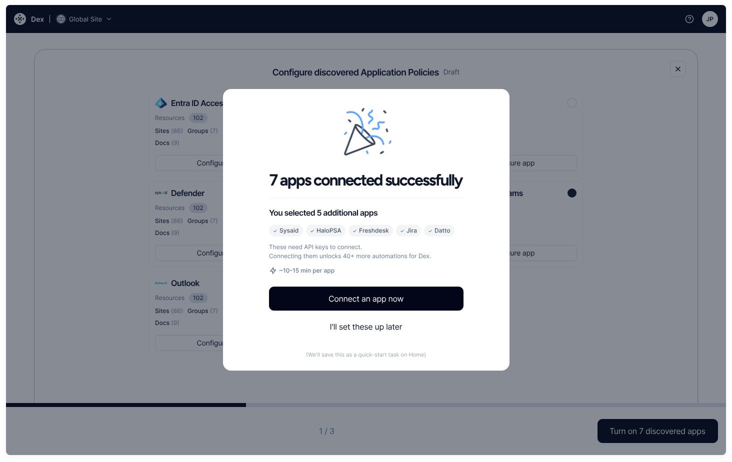 Dex onboarding: 7 apps connected successfully