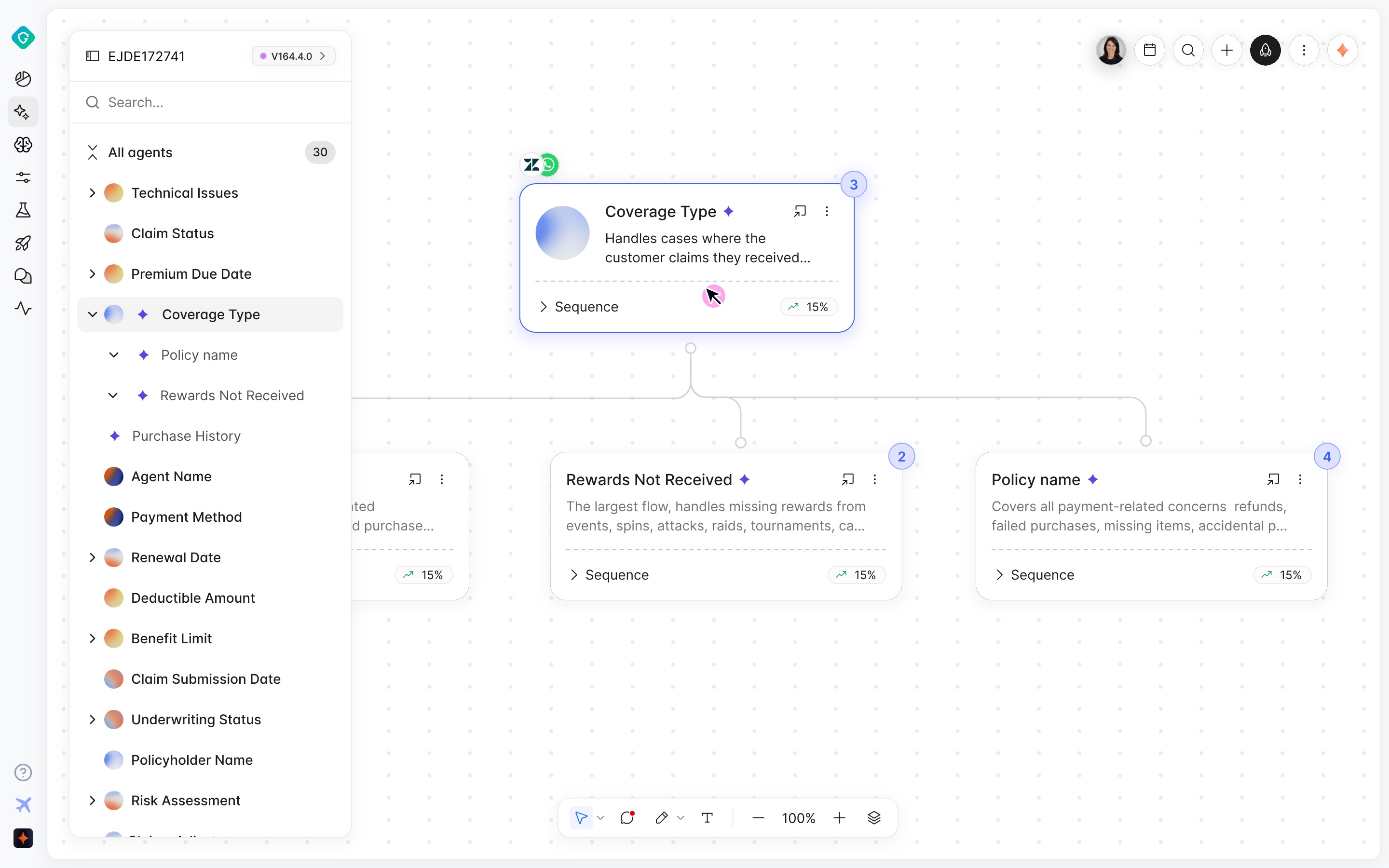 Notch agent builder: agent list with an orb per agent, and agent cards on a canvas