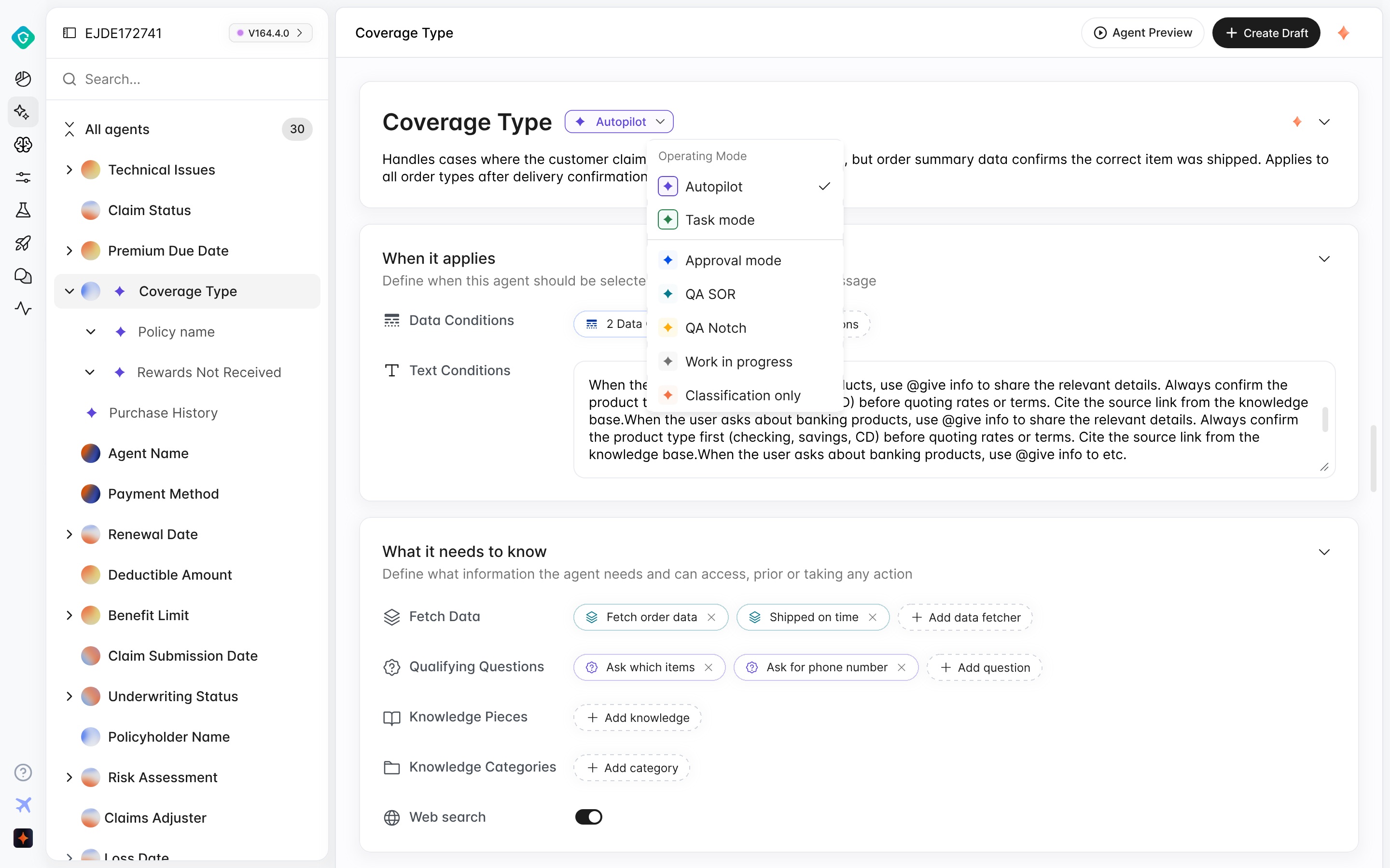 Notch agent detail view with the operating mode menu